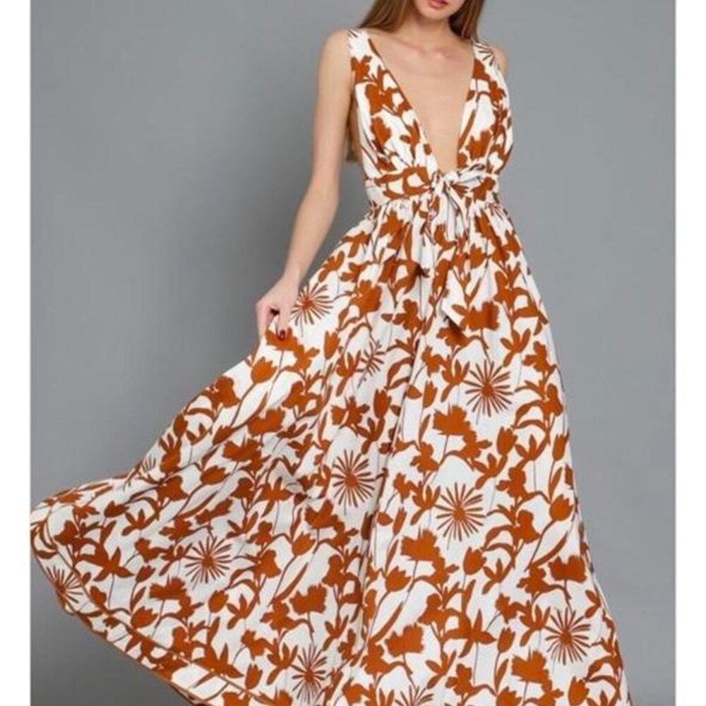 Rust Cream Plunge Neck Maxi Dress Size S